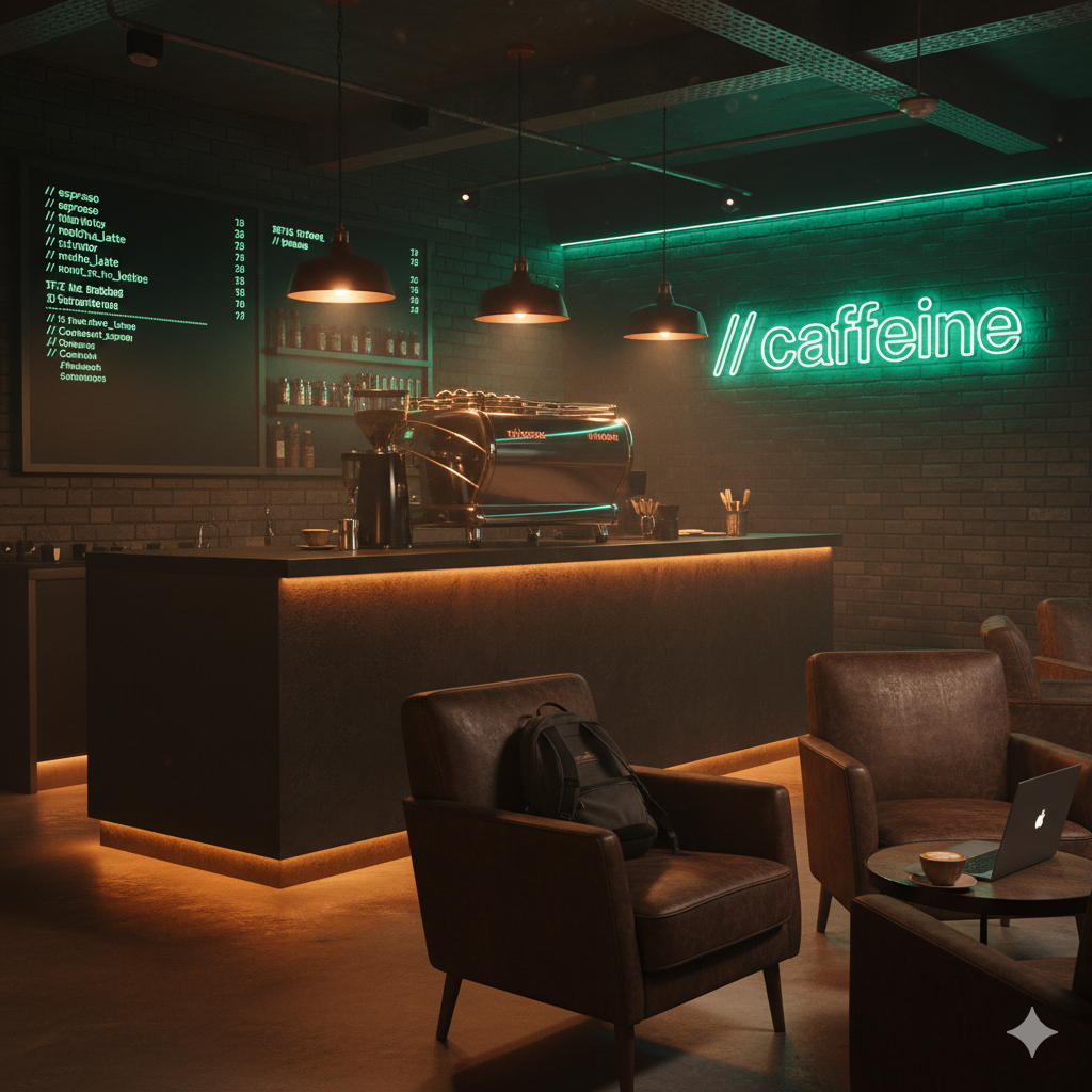 Caffeine bar with espresso machine and leather chairs