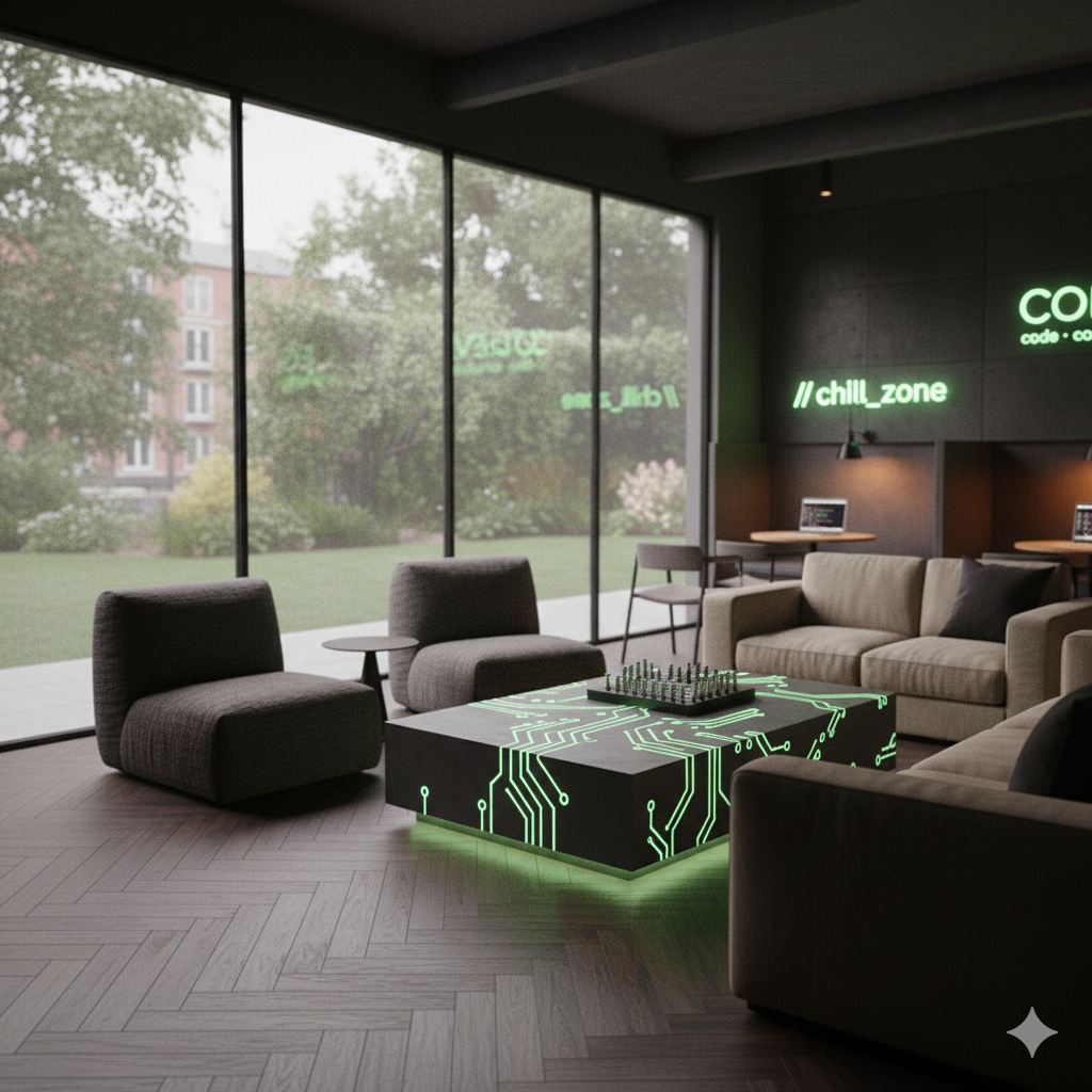 Lounge area with glowing circuit board coffee table