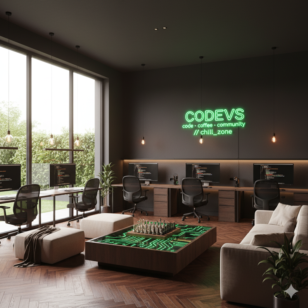 C⁴ chill zone with neon sign, workstations and lounge