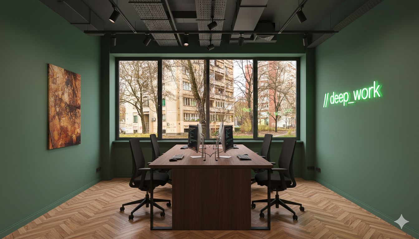 Deep work room with green walls and monitors